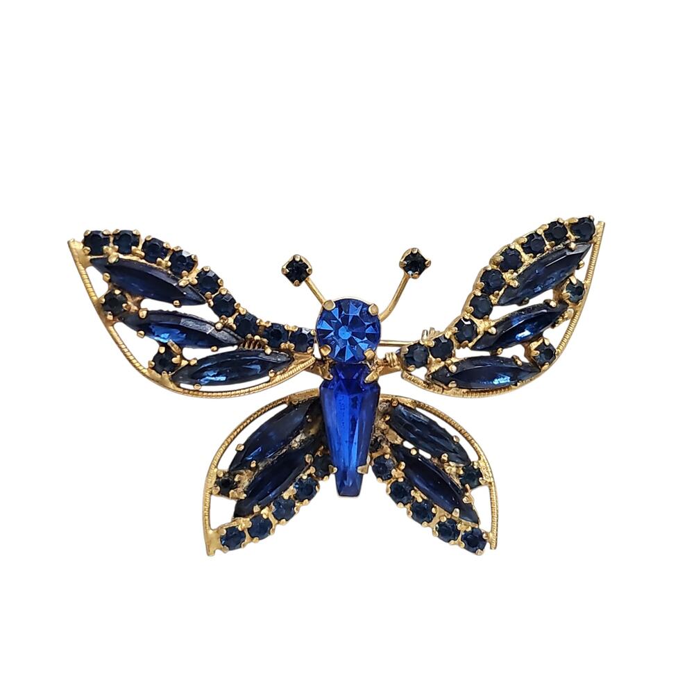 Vintage Signed Weiss Trembler Butterfly Rhinestone Brooch Pin Blue Gold Tone